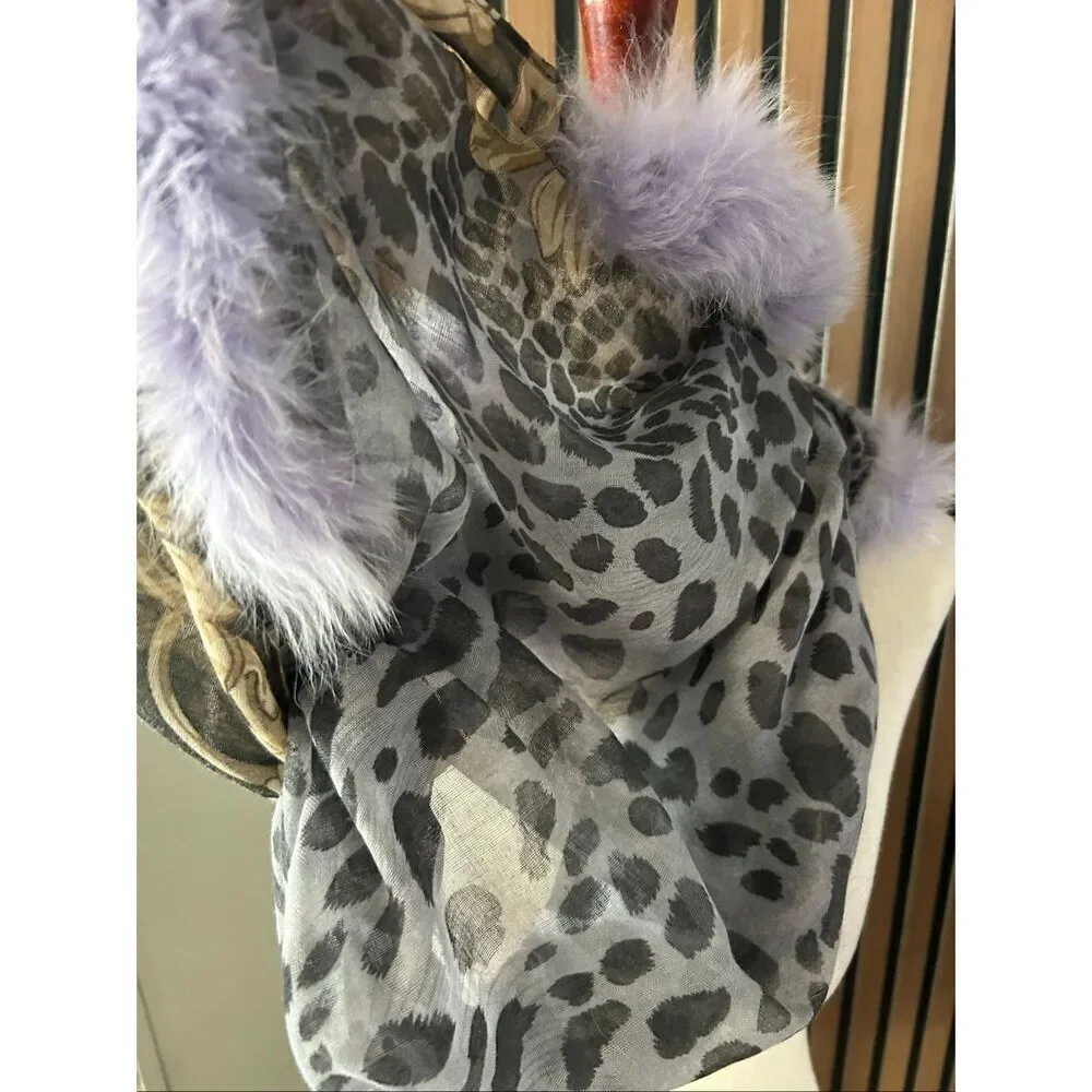 Animal print scarves with real fox fur dyed purple infinity loop